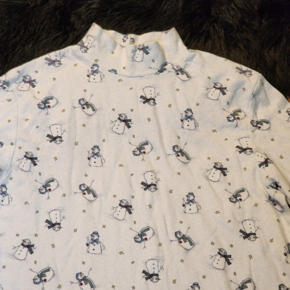 100% Cotton White Speckled Snowman Holiday Mockneck Women's Size M